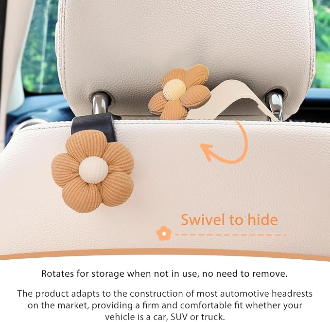 4 PCS Car Seat Headrest Hooks, Cute Flower Car Seat Back Organizer Bag Holder Hooks, Automotive Seat Hook Hanger Storage Organizer for Purse Cloth Grocery Bags, Car Accessories (Brown+White) - Image 4