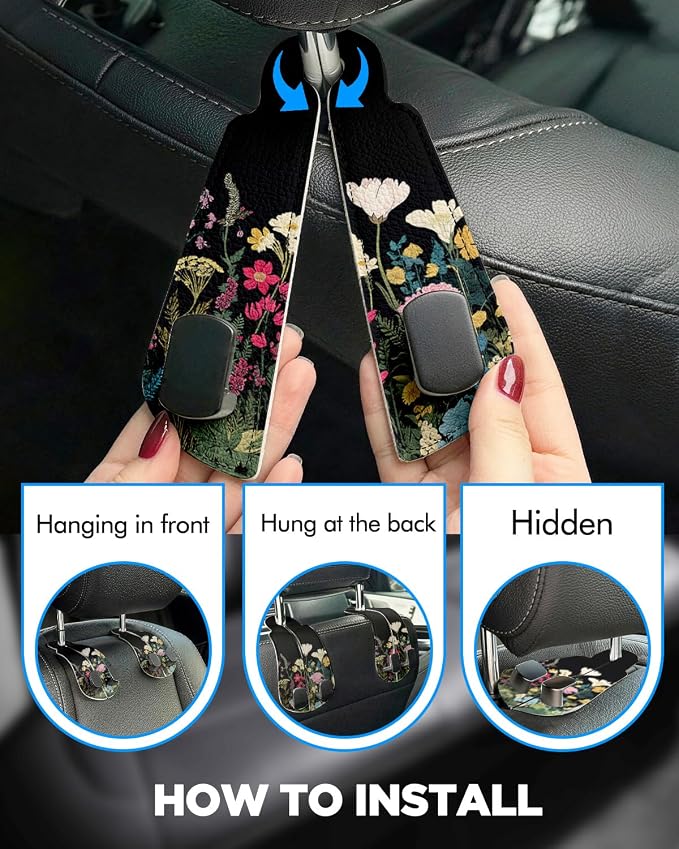 WOCOCN Purse Holder for Car, 2 Pack Heavy Duty Purse Hanger for Car,Flower | PU Leather Car Seat Hooks for Purses and Bags, Cute Floral Headrest Organizer for Handbags & Backpacks - Image 3