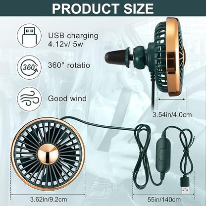 Glooglitter 2 Pcs Car Fan USB for Rear Seat Passenger Portable Headrest 360 Degree Rotatable 3 Speed 12v/ 24v Automobile Ventilation Fan with Clip for SUV Backseat, RV, Vehicles (Novelty,Gold) - Image 2