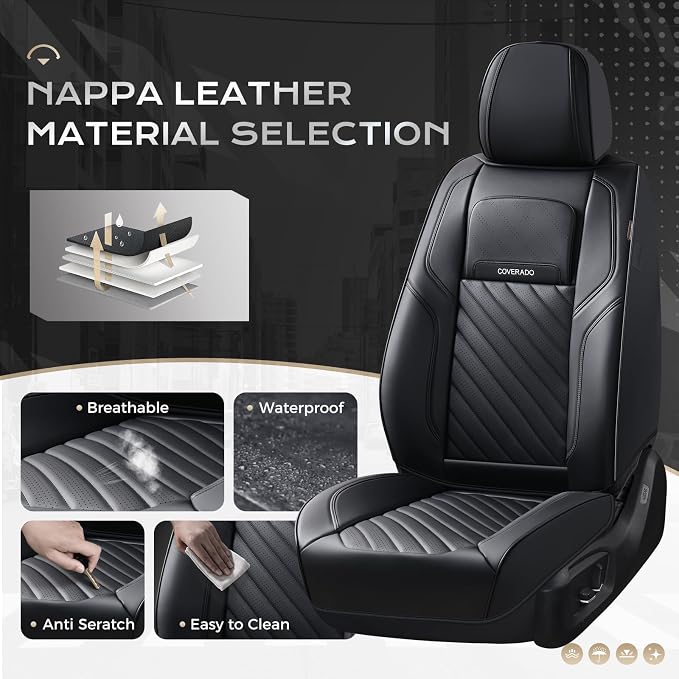 Coverado Car Seat Covers Full Set 5 Pieces, Luxury Nappa Leather Seat Covers Universal Fit Waterproof Non-Slip Breathable Front & Back Automotive Seat Protectors for Cars, SUVs, Trucks - Image 3