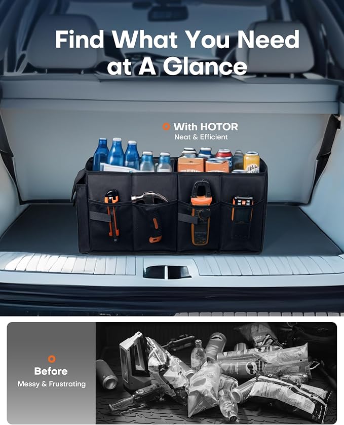 HOTOR Trunk Organizer - Foldable Car Organizer for SUVs & Sedans Storage | Sturdy Car Organization for Men & Women, Car Accessories, Tools, Sundries, Black, 2 Compartments, 23.6" x 14.2" x 10.6" - Image 6