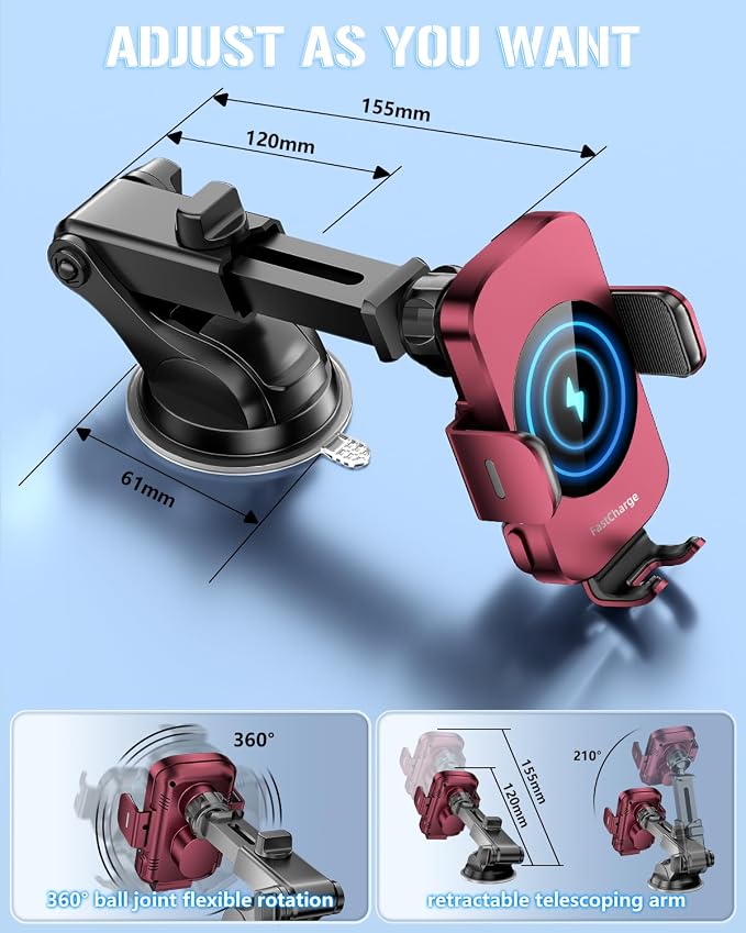 3-in-1 Wireless Car Charger Mount, 15W Fast Charging Auto-Clamping Phone Holder for iPhone 17 16 15 14, Samsung Galaxy S24 S23, Dashboard, Vent & Windshield Car Mount(Deep Red) - Image 5