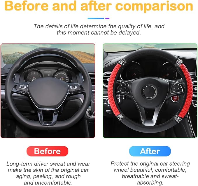 Osilly 15 Inch Rhinestone Leather Steering Wheel Cover, Red | breathable non-slip surface, flexible ringless design, hand-stretch setup, fits matching rim sizes, automotive accessories - Image 5