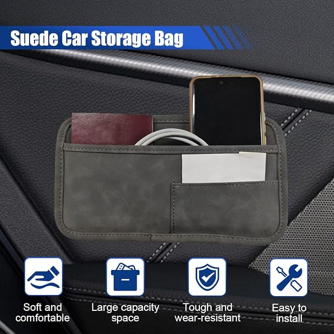 Car Seat Side Pocket Organizer, Suede Auto Door Storage Pouch, Mini Self-Adhesive Car Console Organizer, Universal Vehicle Cell Phone Holder for Key, Pen, Sunglasses(Gray) - Image 3