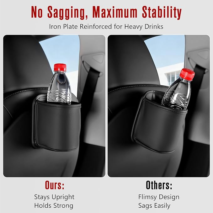 Leather Car Cup Holder Organizer (2-Pack) | Anti-Sag Clip On Drink Cupholder for Back Seat, Car Side Door, Headrest | Premium Extra Automotive Cup Holders for Water Bottles, Tumblers & Coffee Mugs - Image 2