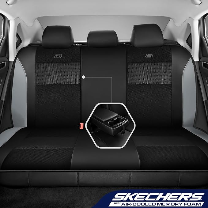 Skechers Aircooled & Memory Foam Seat Covers,Premium Leather with EVA Mesh Car Seat Covers,Seat Cover Full Sets,Airbag Compatible Automotive Comfort for Most Cars, Vans, Trucks, SUV,Grey - Image 2