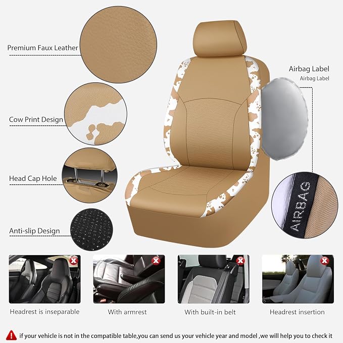 CAR PASS Cow Print Faux Leather Car Seat Covers & Cow Car Mats & Cow Steering Wheel Cover Seat Belt Pads Universal fit for SUV,Van,Saden,Truck Cute Car Accessories Automobile Interior Sets All Beige - Image 3