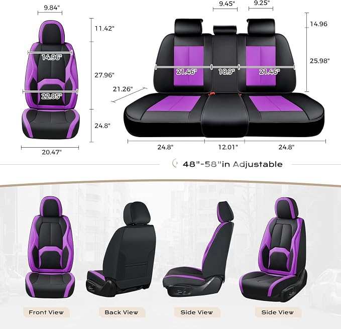 Coverado Car Seat Covers Full Set, Waterproof Nappa Leather Seat Covers for Car, Car Seat Protector with Lumbar Support, Automotive Seat Covers Universal Fit for Most Cars SUV Trucks, (Black&Purple) - Image 6
