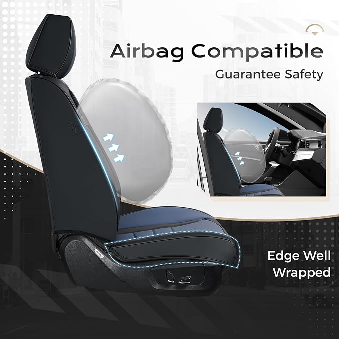 Coverado Car Seat Covers Front, Seat Covers for Cars, Waterproof 2-Pack Car Seat Cushions, Leather Carseat Seat Protectors, Universal Seat Covers Fit for Most Sedans SUV Pick-up Trucks(Black&Blue) - Image 5
