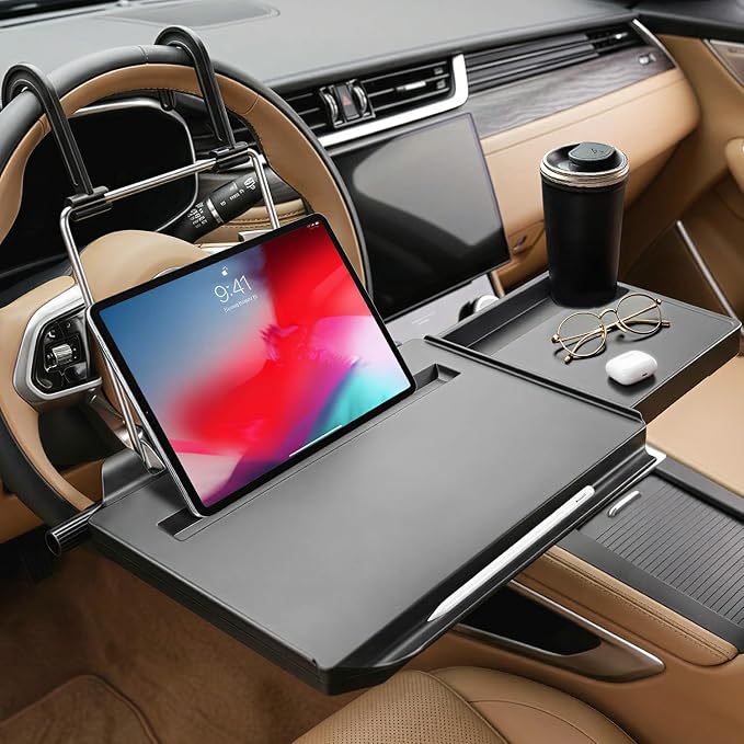 XOOL 2 in 1 Car Steering Wheel Tray, Back Seat Headrest Tray with Phone Holder – Foldable/Height Adjustable Steering Wheel Desk, Car Laptop Desk & Food Tray for Cars, SUVs & Trucks by XOOL