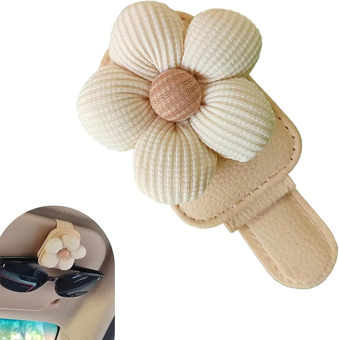 1 PC Floral Design Car Visor Sunglasses Clip, Clip-On Leather Cute Flower Eyeglass Holder, Stable Car Visor Accessory for Women, Universal for Most Cars (White) by Unknown