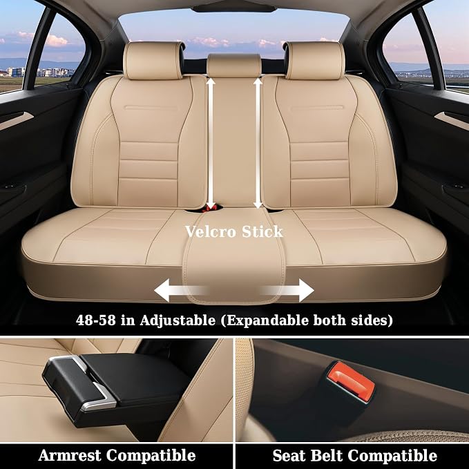 Coverado Front and Back Seat Covers for Cars, Nappa Leather Car Seat Covers, Automotive Seat Covers for Trucks, 5 Seats Waterproof Carseat Protector Car Seat Cover Beige, Universal Fit for Most Cars - Image 6