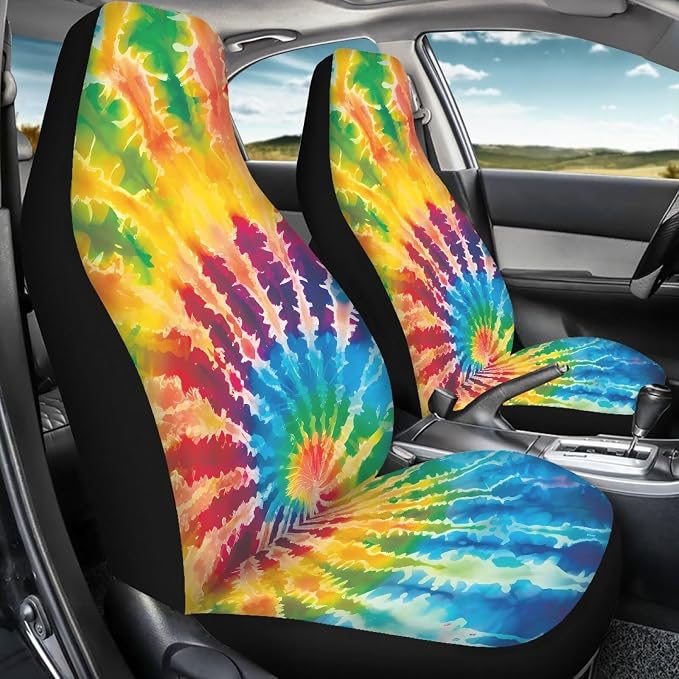 Car Seat Covers Full Set of 2, Colorful Tie Dye Cloth Seat for Auto Front Seats, Black Bucket Seat Covers for Cars Washable and Breathable Car Accessories for Sedan Truck SUV - Image 4
