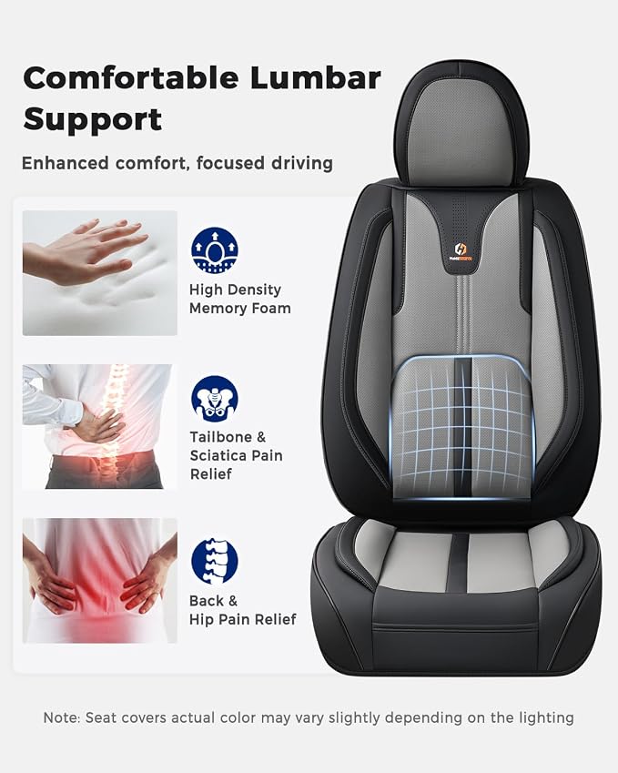 Huidasource Car Seat Covers Front Seats Luxury Nappa Leather, Front Seat Covers with Airbag, Front Storage Pocket, Lumbar Support, Cooling＆Heating, Universal Fit for Most Cars SUV Trucks, Black&Gray - Image 3