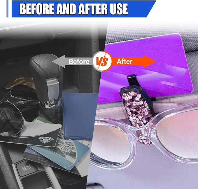 2PCS Bling Sunglass Holder for Car Sun Visor, Crystal Rhinestone Car Eyeglasses Hanger Mount with Ticket Card Clip, Fashion Auto Visor Decoration Accessories for Women Girls (Purple) - Image 4