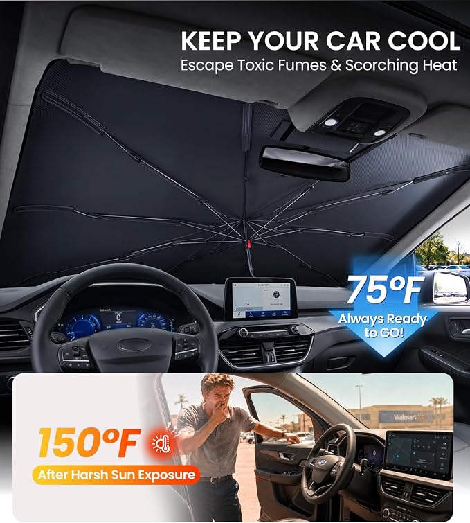 Zanch Windshield Sun Shade Umbrella: 1:1 Custom Fit for Ford Escape 2001-2026 [99% UV Protection, Up to 75℉ Cooler] Reflective Heat Shield, No Gaps & No Scratches, Foldable Front Sunshade Umbrella - Image 2