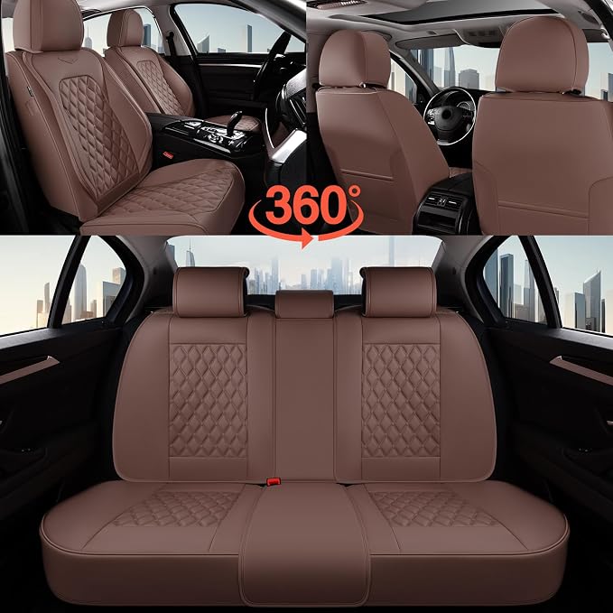 Coverado Full Set Car Seat Covers, Brown Leather Seat Protectors for Cars, Waterproof Luxury Front & Back Car Seat Covers, Universal Fit for Most Cars-Brown - Image 7