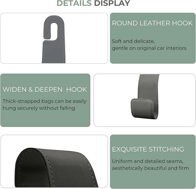 2 Pack Purse Holder for Car, Universal Leather Car Seat Hook, Car Organizer | Extra Wide & Deep Hook; Soft Leather Wrapped; Flexible Hanging Design - Image 6