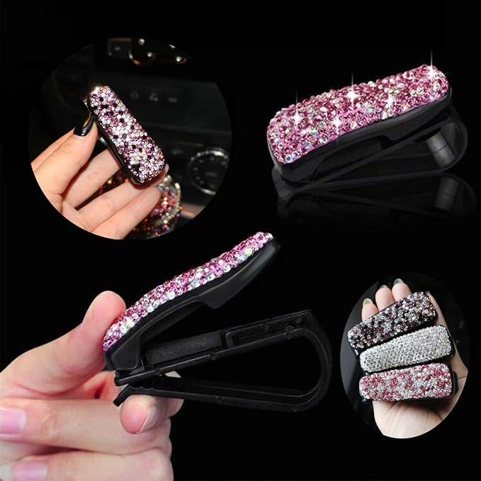 Glasses Holders for Car Sun Visor, 2 Pack Bling Crystal Rhinestones Fashion Car Eyeglasses Sunglasses Hanger Mount with Ticket Card Clip for Women Girls (Pink) - Image 4