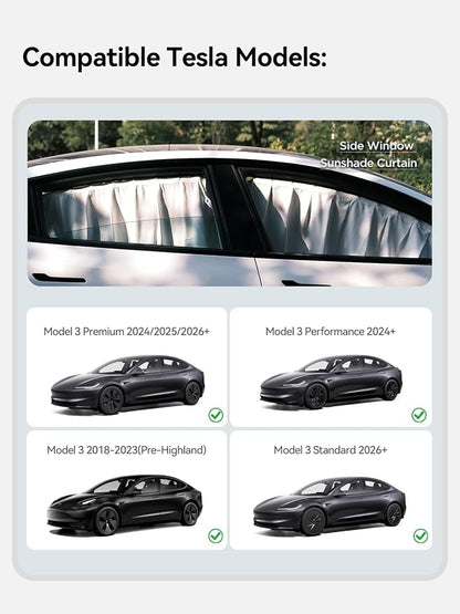 TPARTS Side Window Sun Shade Curtains for Tesla Model 3 2026-2018 AllModels | 4-piece blackout sun shades provide privacy and heat protection while fitting front and rear side windows for Tesla Model 3 - Image 2