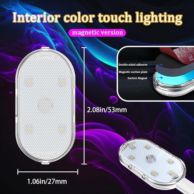 8PCS Car LED Lights for Car Interior,Magnetic USB Wireless LED Lights | 7 Colors,Bright LED Lamp Beads, Portable Touch Rechargeable LED Interior Auto Lights for Car Decor - Image 2