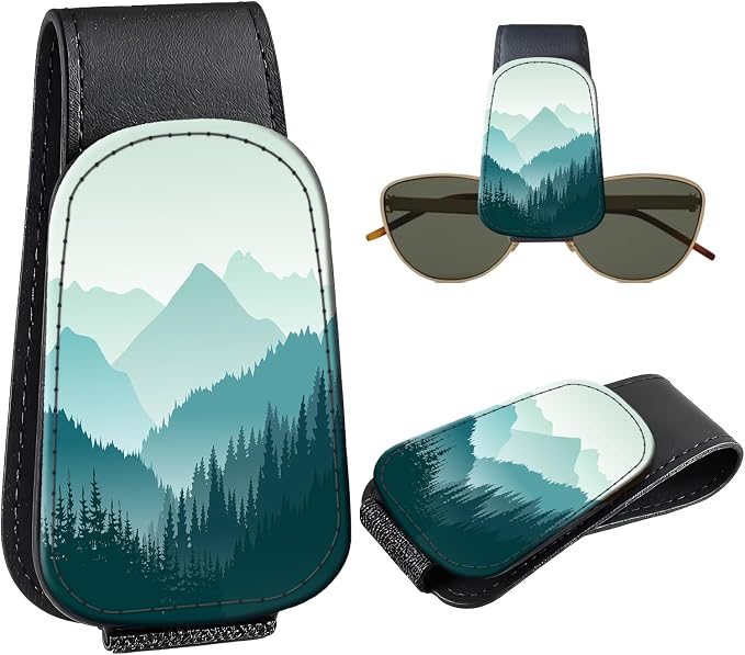 Leather Magnetic Sunglass Holder for Car Sun Visor, Cute Eyeglass Ticket Card Hanger Clip, Universal Auto Interior Accessories for SUV Pickup Truck, Green Mountain by Unknown