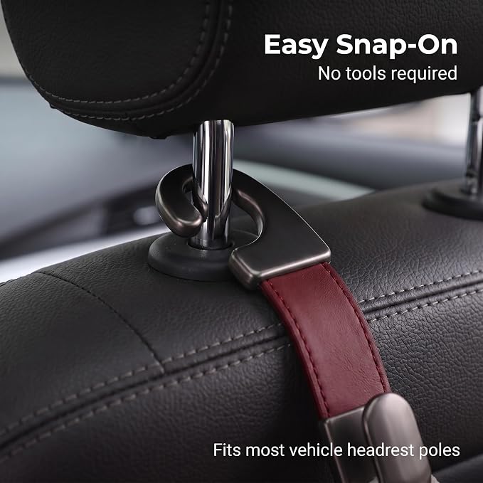 2PCS Leather Metal Car Headrest Hanger, Simple Style Car Seat Headrest Hooks, Multi-Purpose Car Seat Back Organizers, Universal for Purses, Handbags, Bags (Red) - Image 5