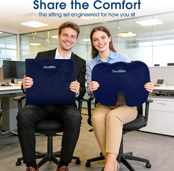 CloudBliss Ergonomic Seat Cushion & Lumbar Support Pillow Set, Blue, Large | Back Pain & Sciatica Relief, Memory Foam Support, Adjustable Straps, Machine Washable Velvet, Perfect for Office, Car, Gaming - Image 9
