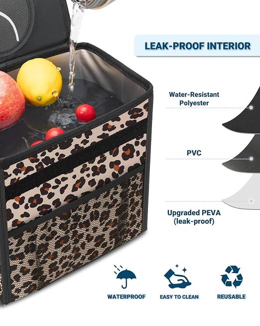 Capolo Car Trash Can with Lid, Leakproof Car Garbage Can Car Trash Bag | Waterproof, Trash Can for Car, 3 Mesh Pockets, Mini Hanging Vehicle Car Trash Bin, for Back/Front Seat (Leopard,3 Gal) - Image 4