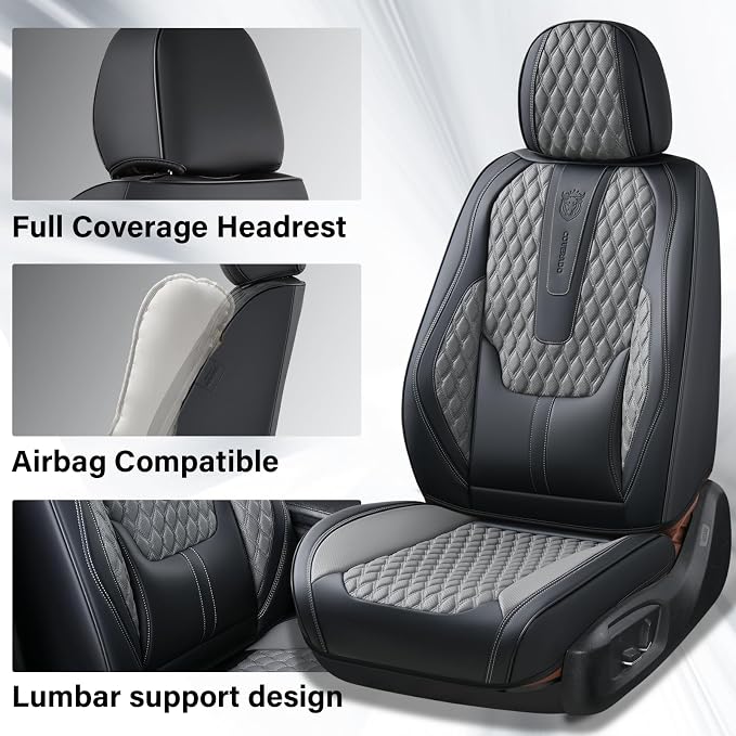 Coverado Leather Seat Covers for Car, Waterproof Front Car Seat Covers with Lumbar Support Universal Fit for Most Sedans SUV Pick-up Truck(Black&Gray) - Image 3