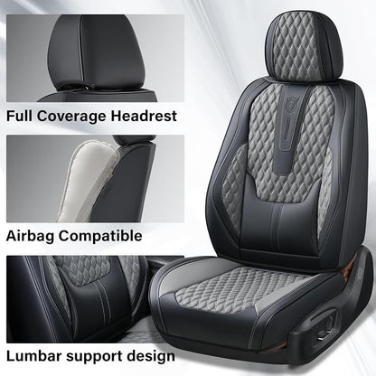 Coverado Leather Seat Covers for Car, Waterproof Front Car Seat Covers with Lumbar Support Universal Fit for Most Sedans SUV Pick-up Truck(Black&Gray) - Image 3