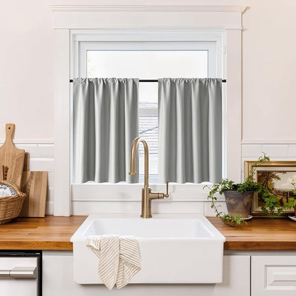 RYB HOME 100% Blackout Basement Curtains 30 inches Long, Heat & UV Blocking | Total Room Darkening, Noise Reducing, Curtains for Bathroom RV Campers, W34 x L30, Sliver Grey, 2 Panels by RYBHOME