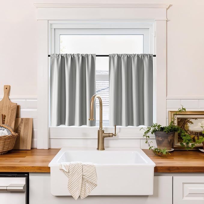 RYB HOME 100% Blackout Bathroom Curtains Over Sink 24 inches Long | Heat UV Blocking, Total Room Darkening, Noise Reducing, Curtains for Basement RV Campers, W42 x L24, Sliver Grey, 2 Panels by RYBHOME
