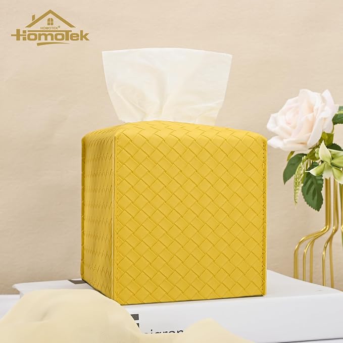 HOMOTEK 2 Pack Tissue Box Cover, Square PU Leather Tissue Holder, Decorative Facial Tissue Cube Paper Organizer Dispenser for Bathroom, Night Stands, Desk, Car 5X5X5'' - Woven Waffle,Mango Yellow - Image 5