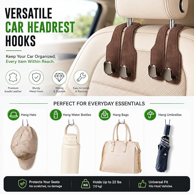 2 Pack Car Headrest Hooks, Dual Metal Hooks, Stylish Brown | Premium leather with dual metal hooks and anti-drop design. Holds purses, bags, coats, and groceries securely. - Image 6