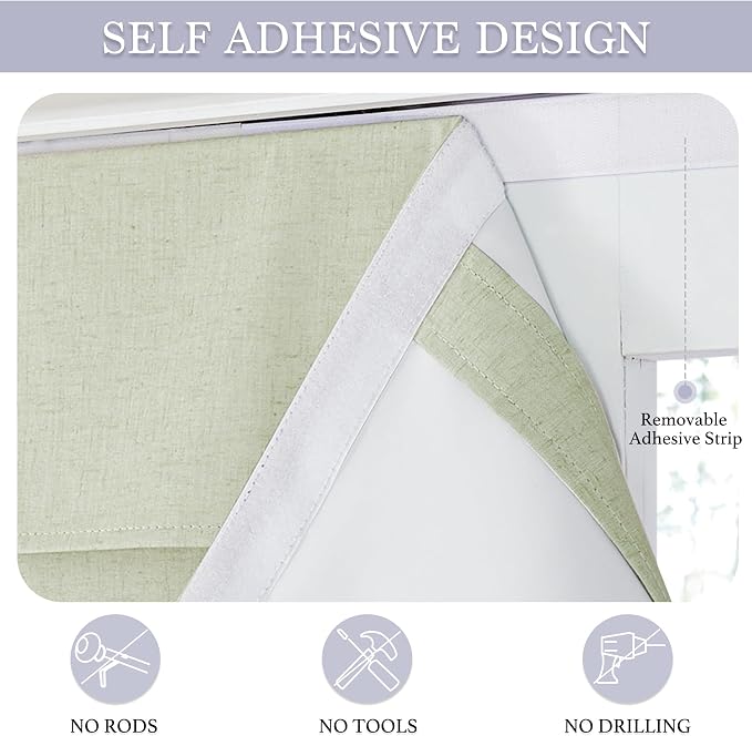 RYB HOME Natural Linen Textured French Door Window Curtains 100% Blackout | Self Adhesive, Thermal Insulated Privacy Energy Saving, Shades for Nursery Office Patio Glass Door, W26 x L69, 1 Panel - Image 2