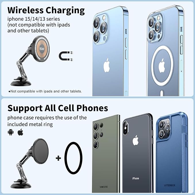 ZBF Magnetic Car Phone Holder, 15W for MagSafe Car Mount Charger(Fast Wireless Charging,Vacuum) 360°Adjustable Car Mount for Women Men iPhone 17-12 - Image 5