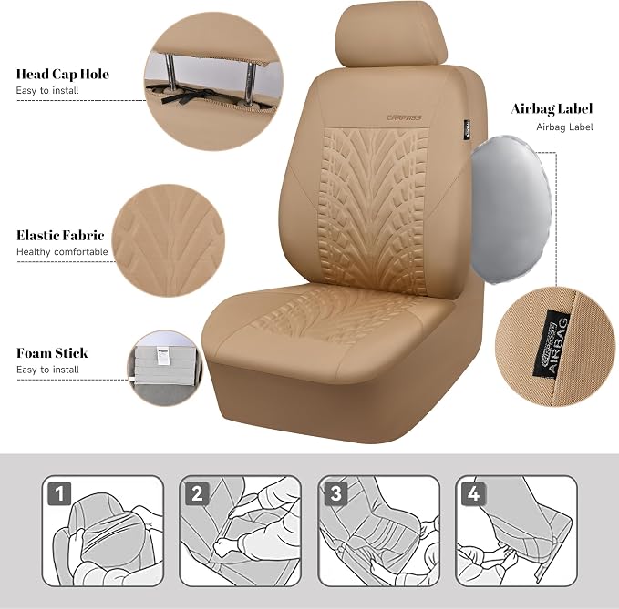 CAR PASS Car Seat Covers Full Sets, Front & Split Rear Bench for Car, 3D Tyre Embossed Automotive Interior Covers, Airbag Compatible, Quick Setup Universal Fit Seat Covers for Car, SUV(All Beige) - Image 2