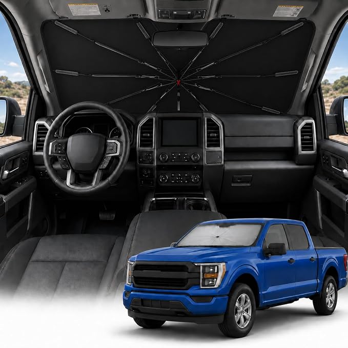 Purehorizon XL Truck Windshield Sun Shade Umbrella, F-150 Ram Tundra | 61 x 33 in XL shade for listed full-size pickups, with 10-rib frame and bendable handle for wide truck glass by Purehorizon