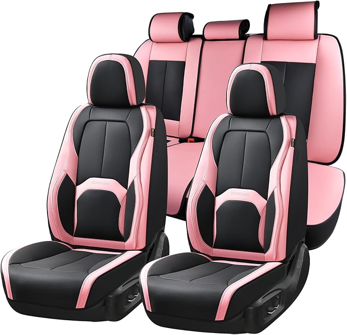 Coverado Car Seat Covers Full Set, Waterproof Nappa Leather Seat Covers for Car, Car Seat Protector with Lumbar Support, Automotive Seat Covers Universal Fit for Most Cars SUV Trucks, (Black&Pink) by COVERADOAUTO
