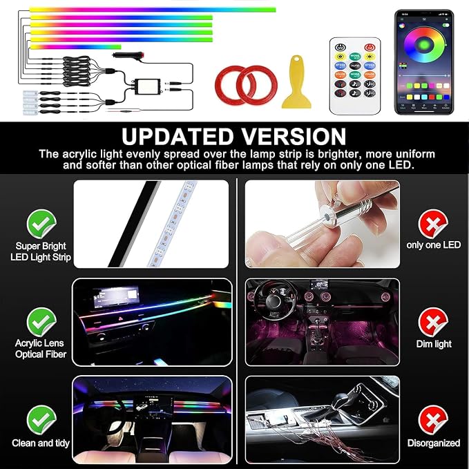 Interior Car LED Strip Lights, Acrylic LED Lights RGB Dreamcolor 10 in 1 with 175 inches 593 LEDs Fiber Optic Ambient Lighting Kits,APP and Remote Control 16 Million Colors Car Neon Lights - Image 6
