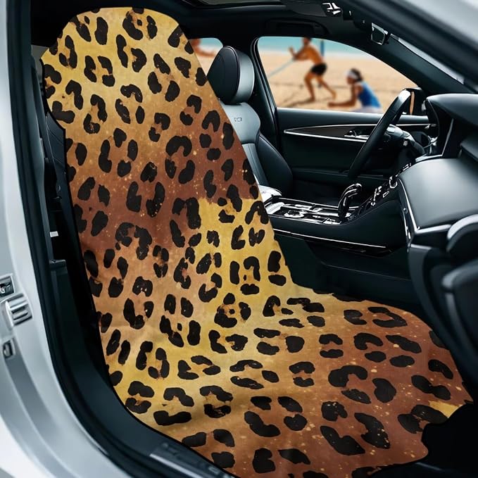 Leopard Print Car Seat Towel Cover Auto Interior Seat Towel | Brown Leopard Print Front Seat Covers with Storage Bag Universal Non Slip Waterproof Sweat Protector Car Interior Accessories - Image 2