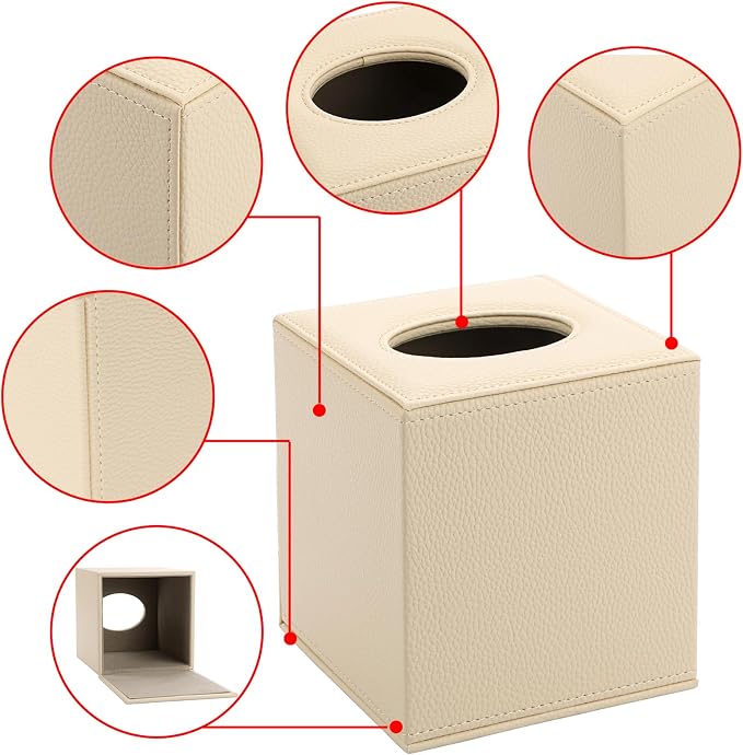 Sumnacon Tissue Box Cover Square,Magnetic Bottom PU Tissue Box Holder,Beige | Stylish Cube Leather Tissue Cover,Lychee Pattern, Decorative Tissue Box Covers for Living Room Bathroom Table Desk Office Car - Image 4