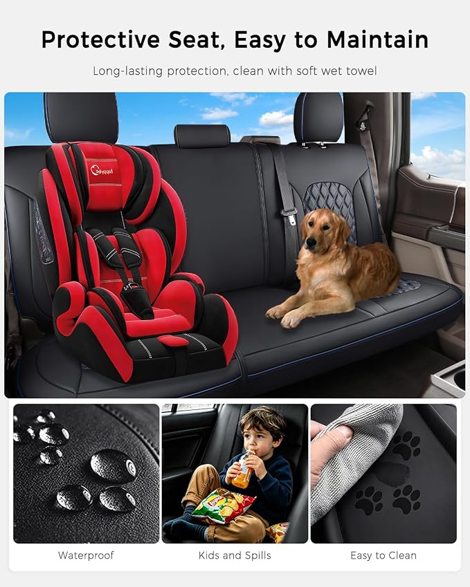 Huidasource Tacoma Rear Seat Covers, Automotive Leather Car Back Seat Cover Fit for 3rd Gen Toyota Tacoma 2016-2023 Double & Crew Cab SR SR5 Limited TRD Sport/Pro/Off Road (Back Row/Black&Blue) - Image 4