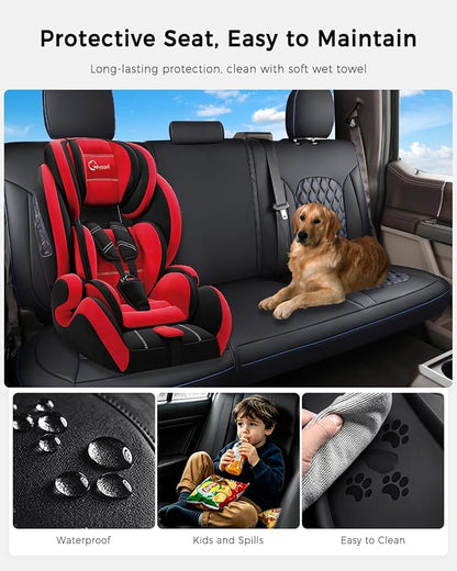 Huidasource Tacoma Rear Seat Covers, Automotive Leather Car Back Seat Cover Fit for 3rd Gen Toyota Tacoma 2016-2023 Double & Crew Cab SR SR5 Limited TRD Sport/Pro/Off Road (Back Row/Black&Blue) - Image 4