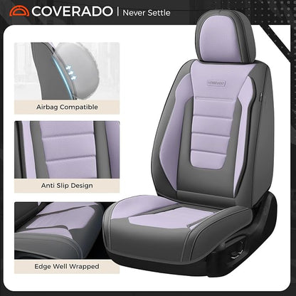 Coverado Car Seat Covers Full Set, Nappa Leather Seat Covers for Cars, Car Seat Protector Car Seat Cushion, Front and Back Seat Protectors Cushions Universal Fit for Most Cars Vehicles(Gray&Purple) - Image 6
