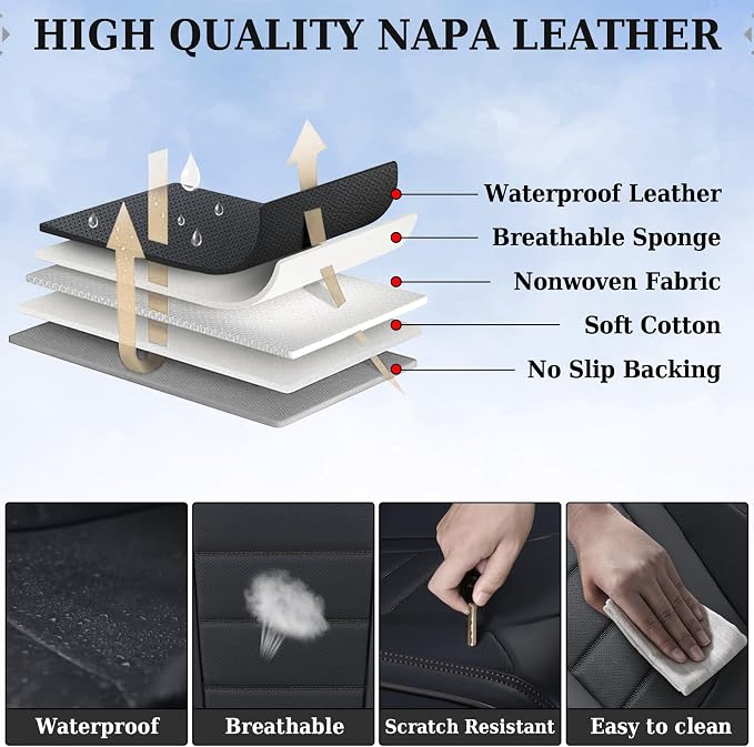 Coverado Car Seat Covers Full Set, Black Car Seat Cover, Seat Covers for Cars, Car Seat Protector, Nappa Leather Car Seat Cushion, Waterproof Car Seat Covers Front Seats and Back Fit for Most Cars - Image 8