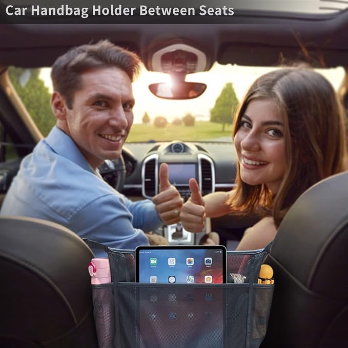 WLLWOO Car Net Pocket Organizer Purse Holder Console Front Seat Storage | Multi Pocket Car Seat Organize Bag Handbag Holder Between Seats Back Barrier - Image 6