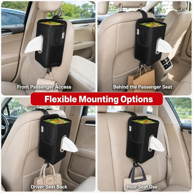Witaxima Multifunction Leather Car Tissue Holder with Headrest Hook 2 Pack | Car Small Trash Can & Seat Back Organizer PU Leather kleenex holder for 120-150 Tissues Keep Car Tidy, Black - Image 8