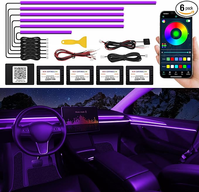Acrylic Interior Car LED Strip Light with Wireless APP, RGB 6 in 1 with 175 inches 593 LEDs Fiber Optic Ambient Lighting Kits, 16 Million Colors Sound Active Function Car Neon Lights by MAODANER